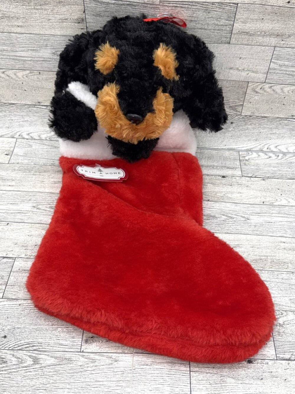 NWT Trim-A-Home Red/White XMAS Stocking w/Black & Tan Plush 3D Stuffed Dog Head